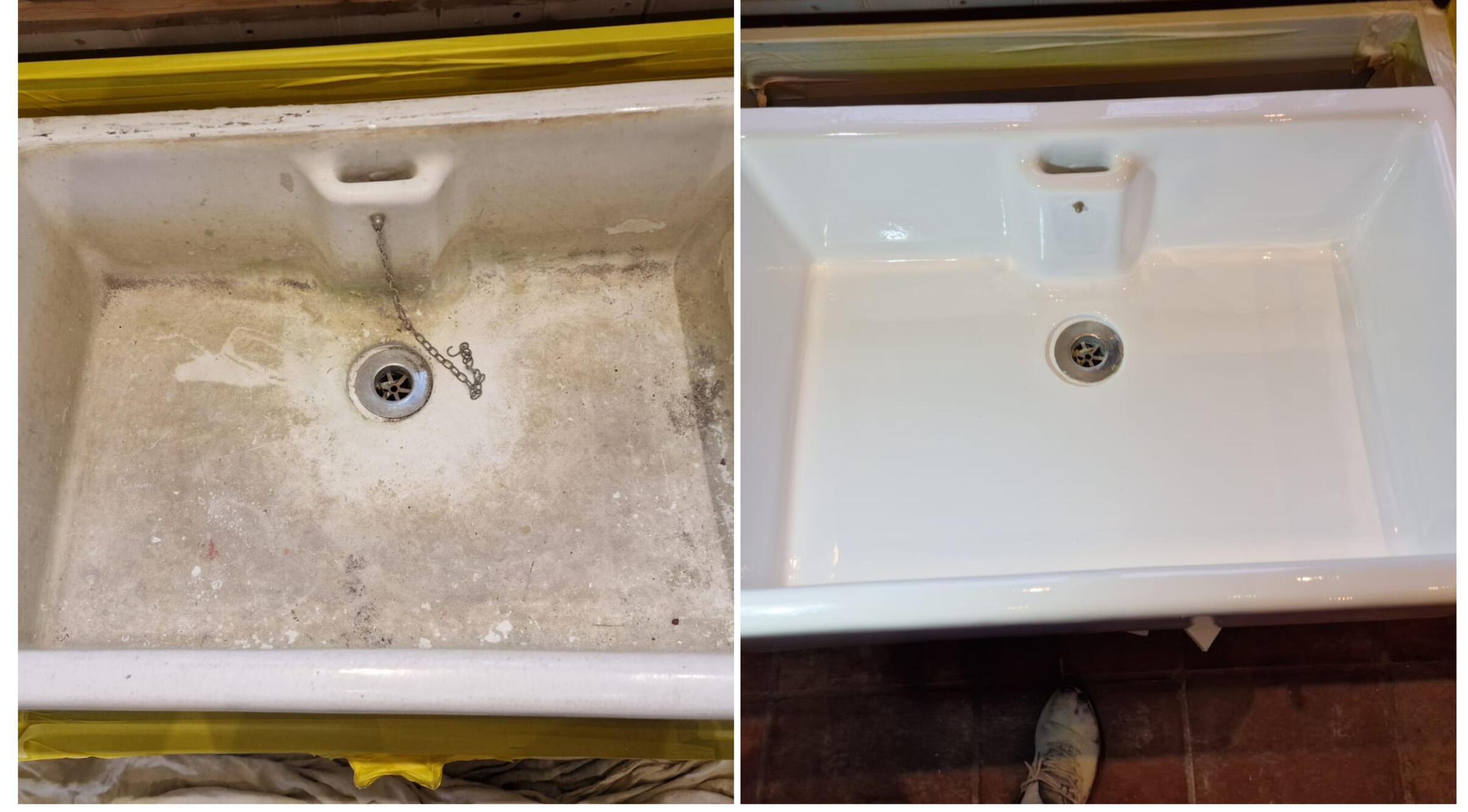 BELFAST KITCHEN SINK RESTORED IN Bath BEFORE AND AFTER PHOTOS OF A KITCHEN CERAMIC BELFAST SINK, WAS DAMAGED AND FULL OF CHIPS, FULLY RESORED TO A LIKE NEW FINISH IN Bath
