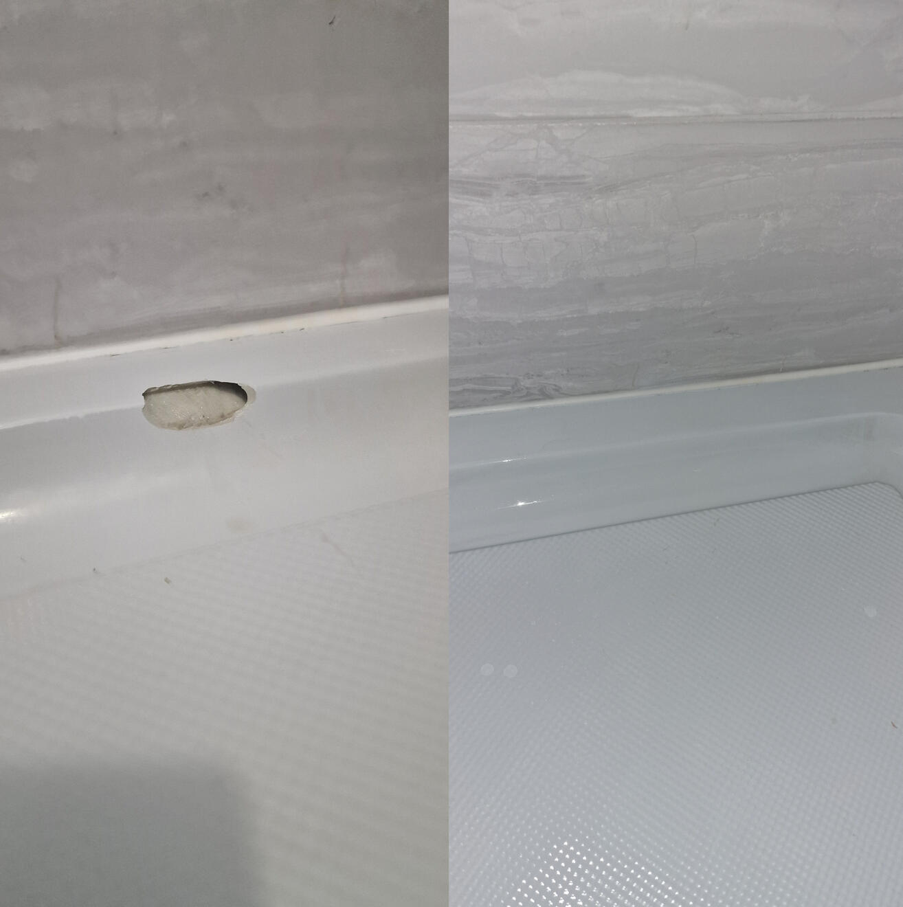 BEFORE AND AFTER PICTURES OF A STONE RESIN SHOWER TRAY CHIP REPAIR Before and after pictures of a shower Tray repair in Bath City
