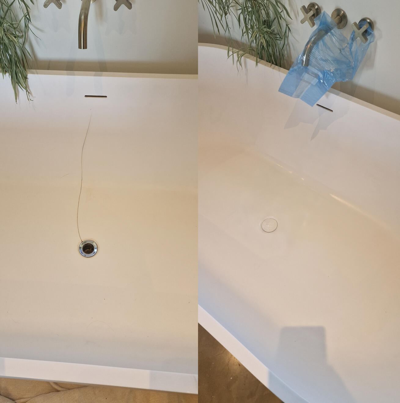before and after pictures of a stone resin acrylic bath crack repair Reinforced stone resin bath crack repair in Bath