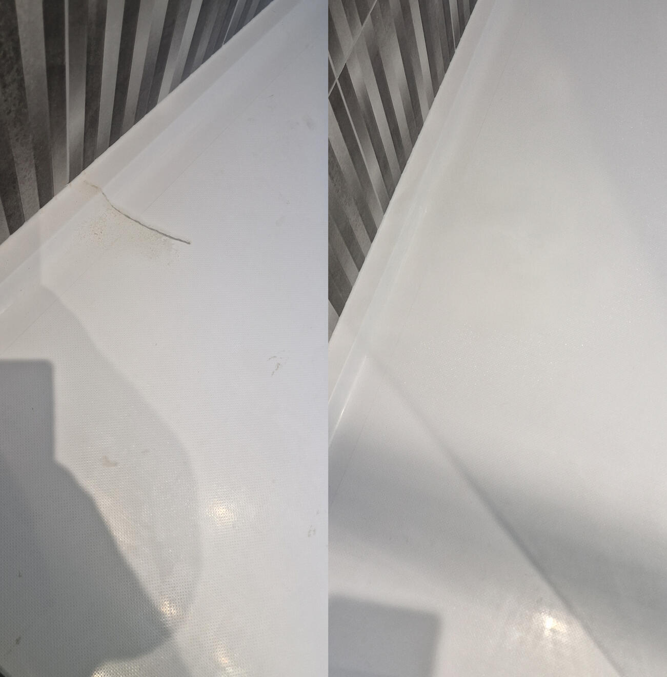 before and after pictures of a stone resin acrylic shower tray crack repair Reinforced shower tray crack repair in Bath