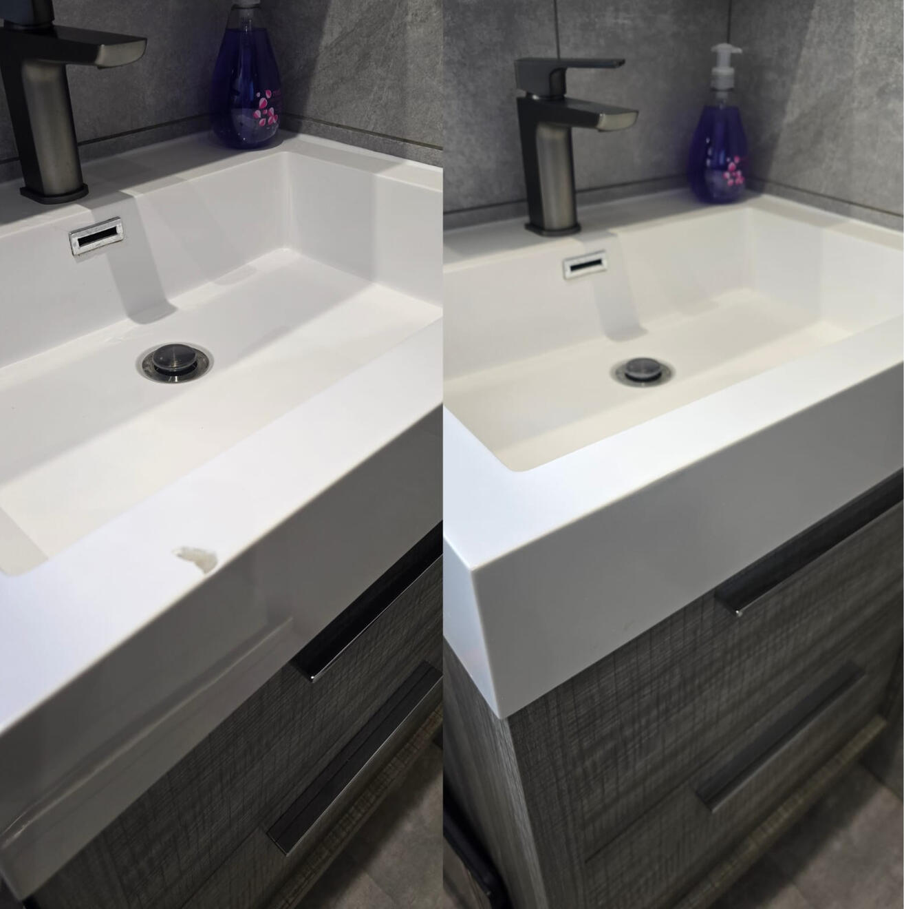 BEFORE AND AFTER PICTURES OF A COMPOSITE BATHROOM BASIN CHIP REPAIR Before and after composite bathroom basin chip repair in a Bath City - Airbnb property