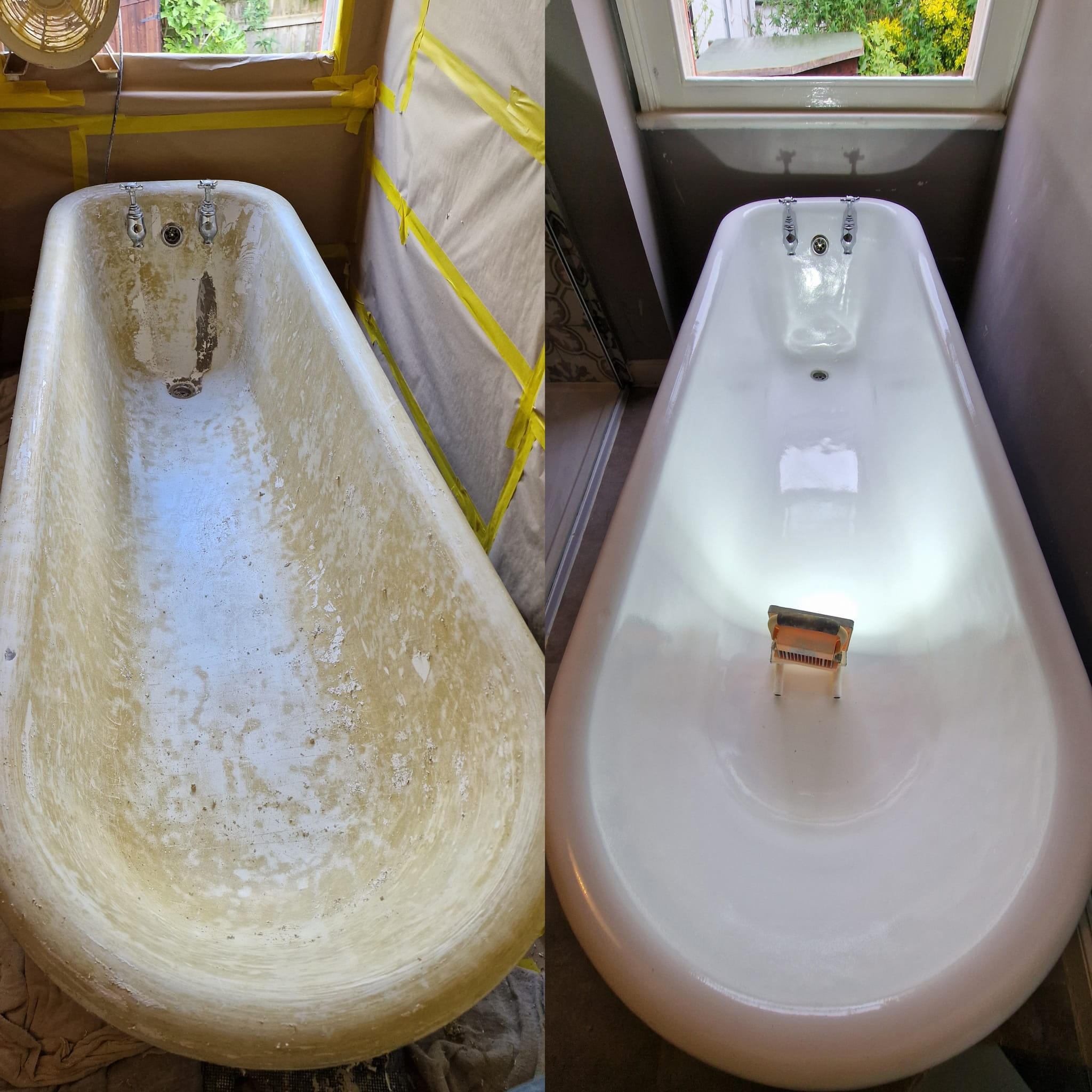 PICTURE OF A BEFORE AND AFTER OF A ROLL TOP CAST IRON BATH Before and after roll top cast iron bath re-enamelling in Bath